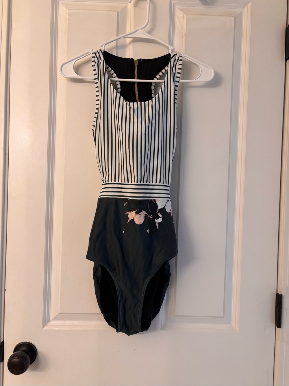 Albion Striped & Floral One-Piece Swimsuit in Black, white, pink medium